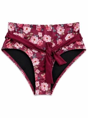 4/$20➡️ Maroon & Pink Floral High-Waist Bikini Bottom Tie Belt – Medium Like New